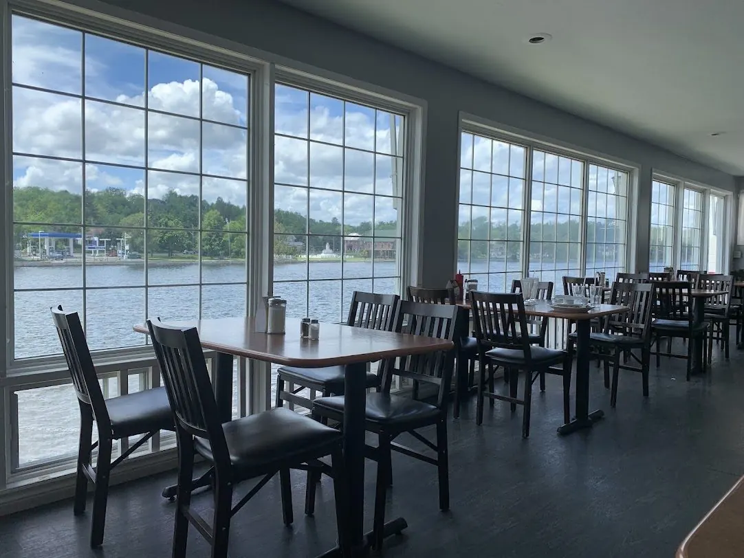 The Riverview's dining room, with big windows looking out over the Trent River